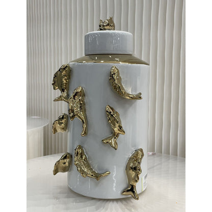 Porseleinen pot Vis witte kot wit/goud - 35 cm