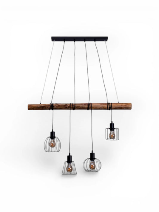 Hanglamp Woodland 4-Lichts Zwart/Hout - 100 cm (E27)