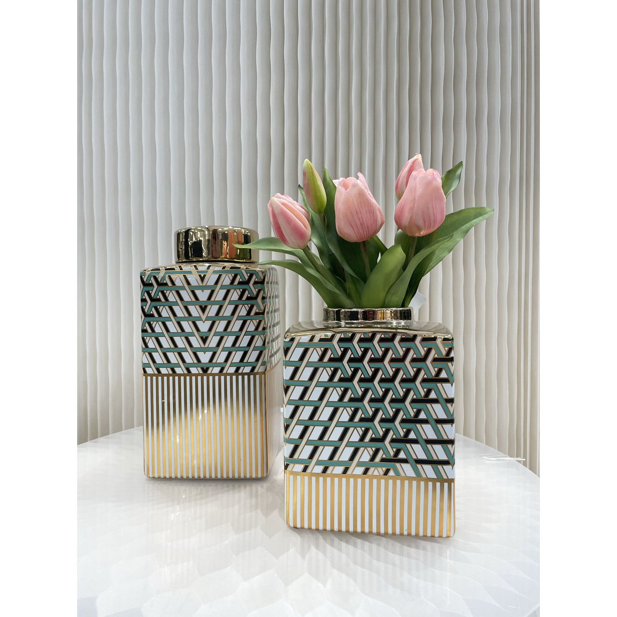 Porseleinen vaas 7543-8 groen/goud - 21 cm