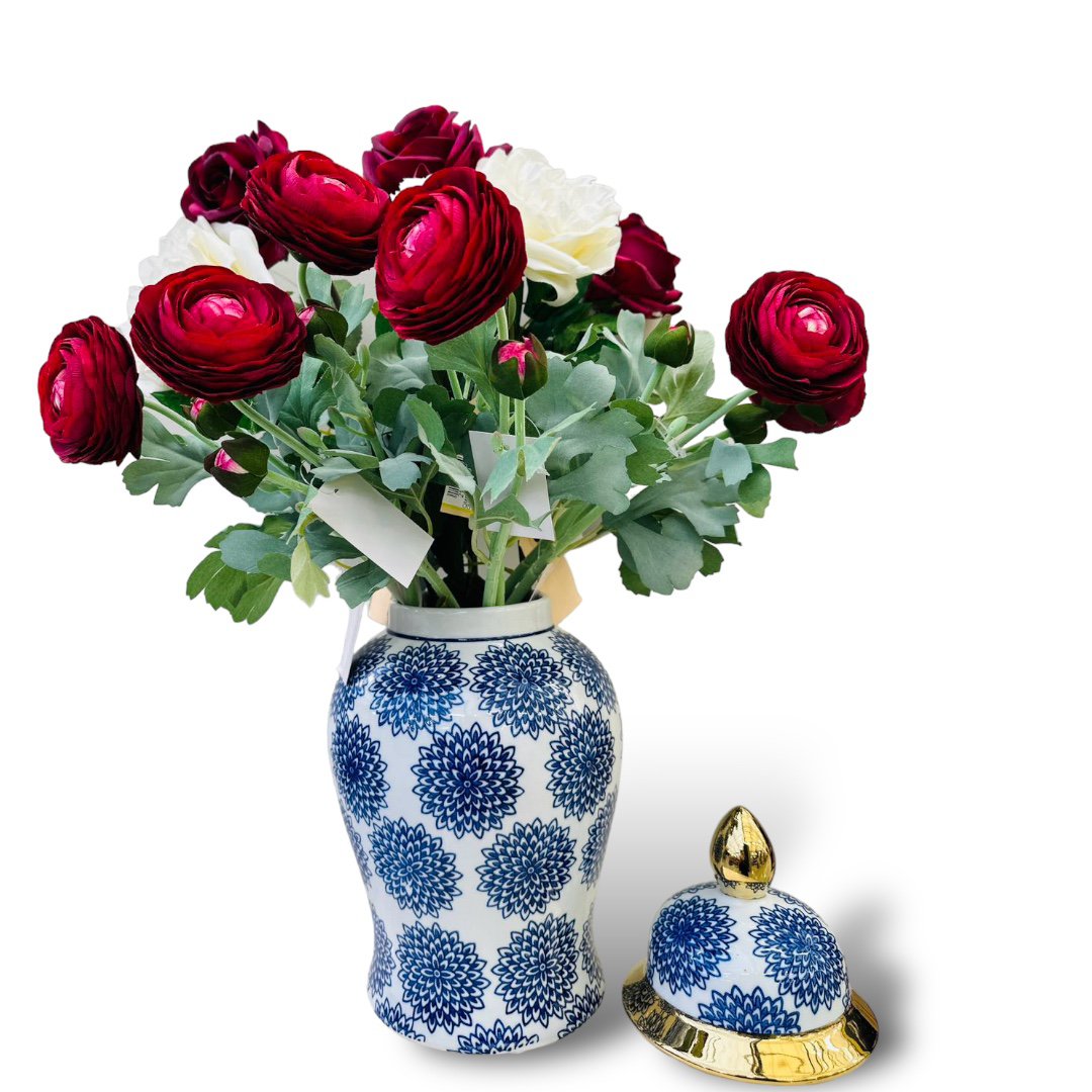 Porseleinen gemberpot Dahlia blauw/wit